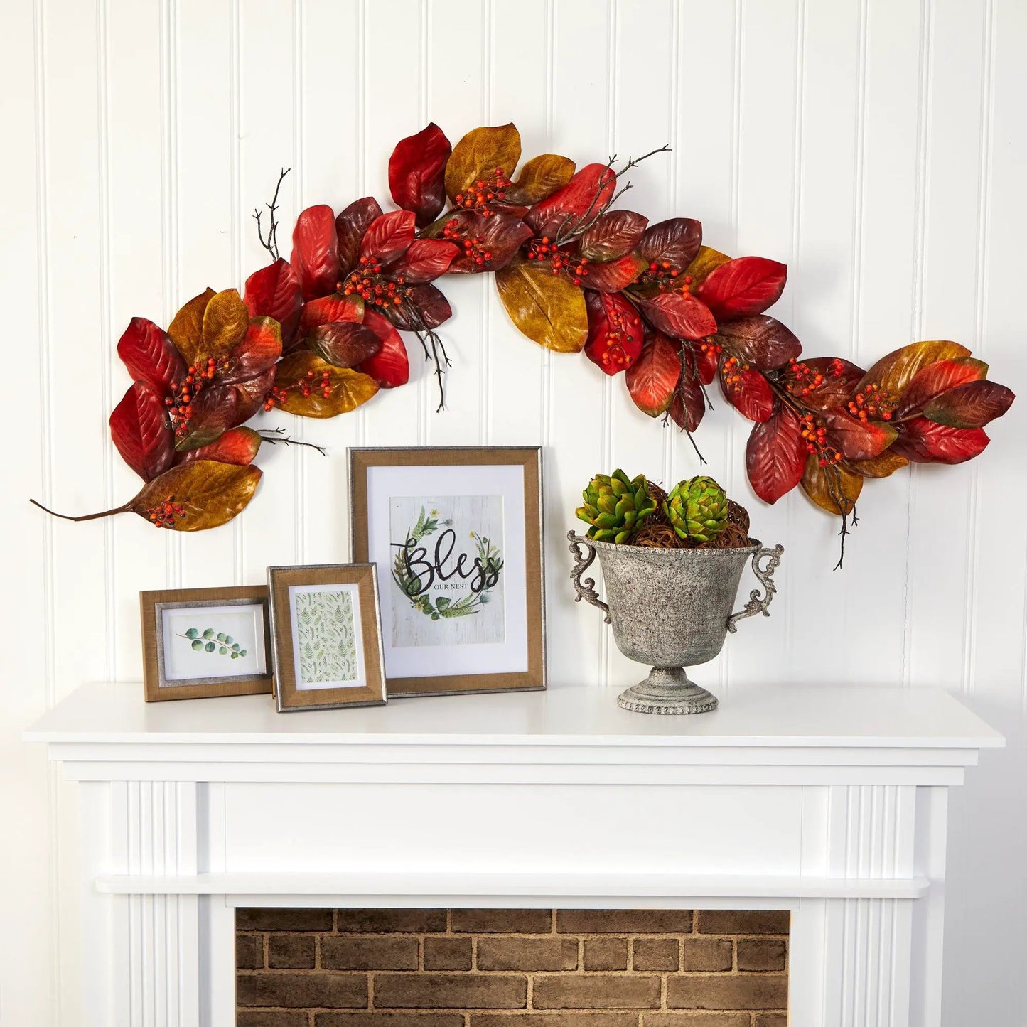 Autumn Magnolia Leaf with Berries Garland by Nearly Natural, 6ft, red leaves with berry clusters, on Tampa Home & Garden Store