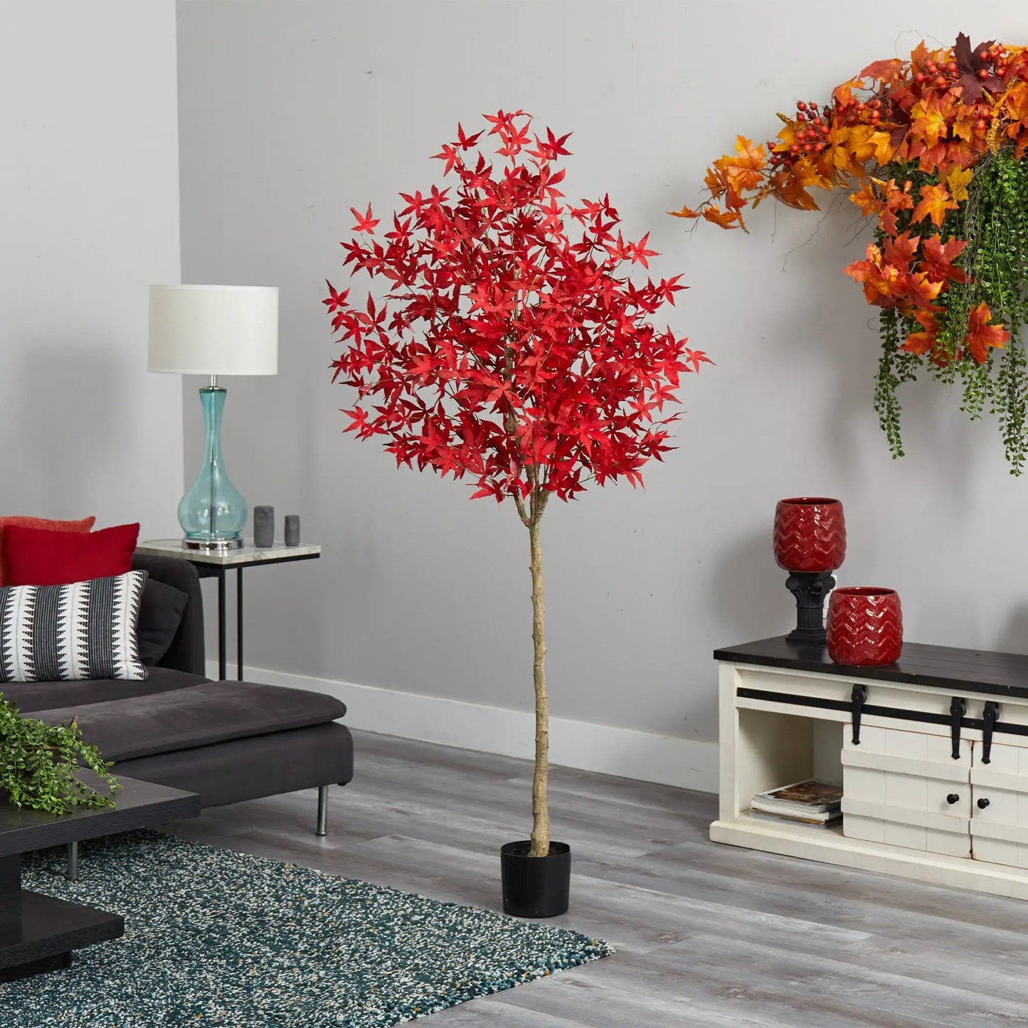 Nearly Natural Autumn Maple Artificial Tree, 6 ft tall with red maple leaves in a black pot on Tampa Home & Garden Store