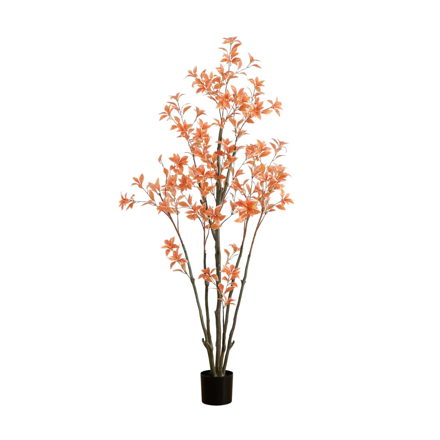 Six Foot Pieris Autumn Tree with orange leaves, Nearly Natural artificial tree in a black pot on Tampa Home & Garden Store