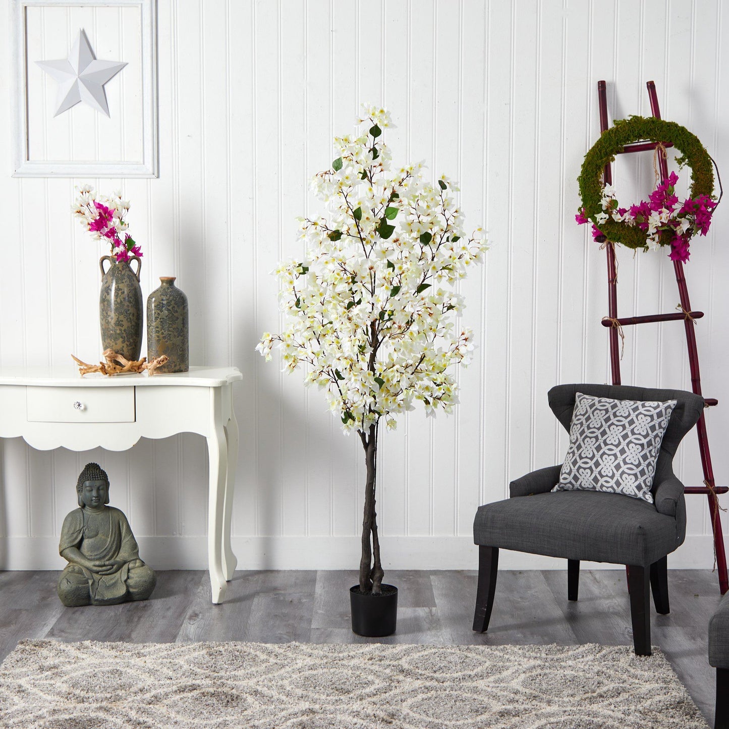 6 ft Bougainvillea artificial tree with white blossoms for realistic indoor decor on Tampa Home & Garden Store