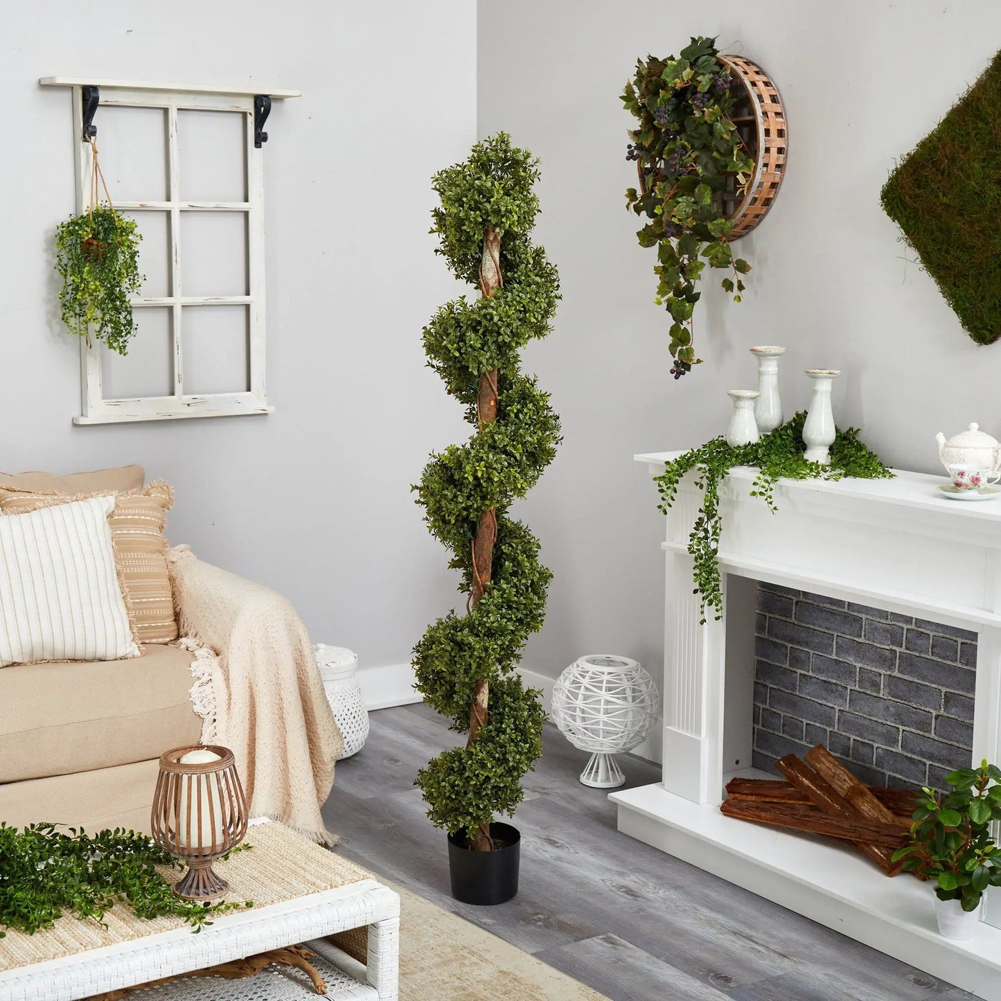 Boxwood Topiary Spiral Artificial Tree Nearly Natural, 6 ft in black planter on Tampa Home & Garden Store