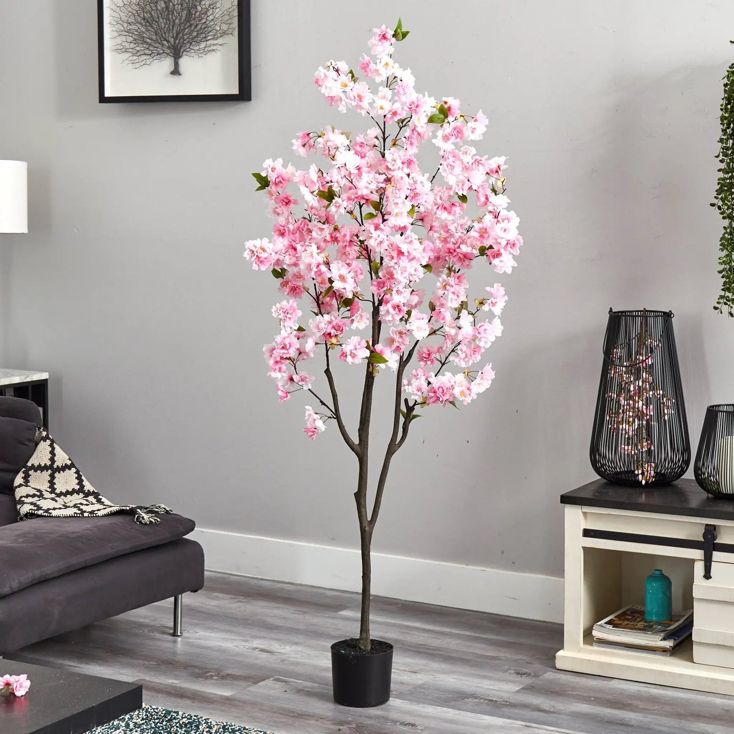 Lifelike cherry blossom artificial tree 6 ft Nearly Natural with pink blooms in a black pot on Tampa Home & Garden Store