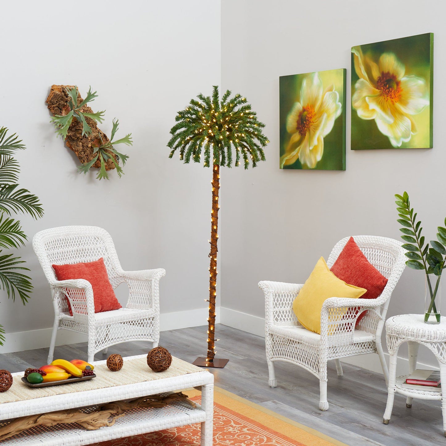 6 ft Christmas Palm Tree with 200 warm white LED lights in living room scene Nearly Natural on Tampa Home & Garden Store