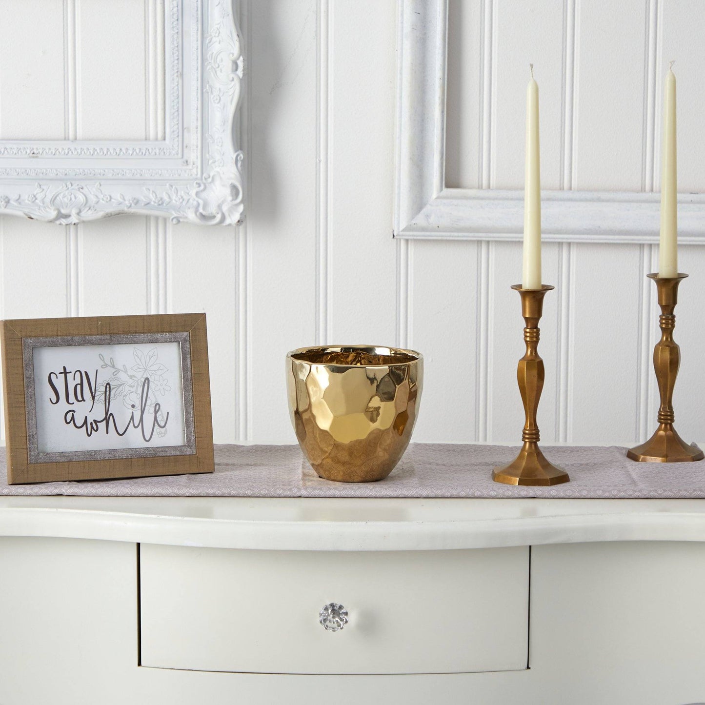 Designer Gold Vase with Hollywood Glam decor, hammered gold finish and two candlesticks on Tampa Home & Garden Store