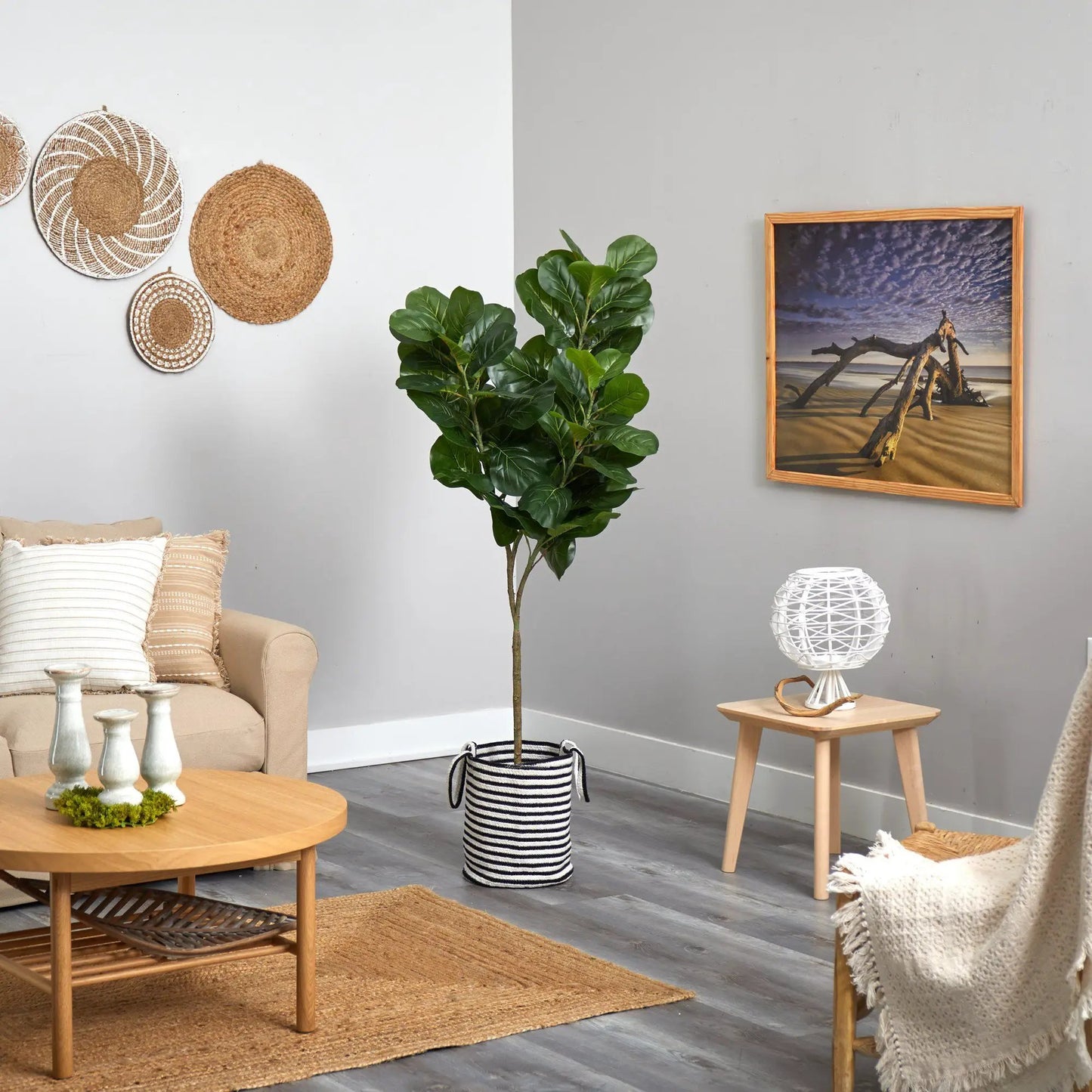 Fiddle Leaf Fig artificial tree in striped black and white jute planter Nearly Natural on Tampa Home & Garden Store