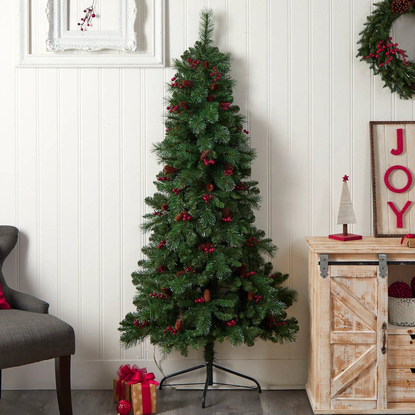 Montreal Mountain Flat Back Christmas Tree with pine cones and red berries by Nearly Natural on Tampa Home & Garden Store