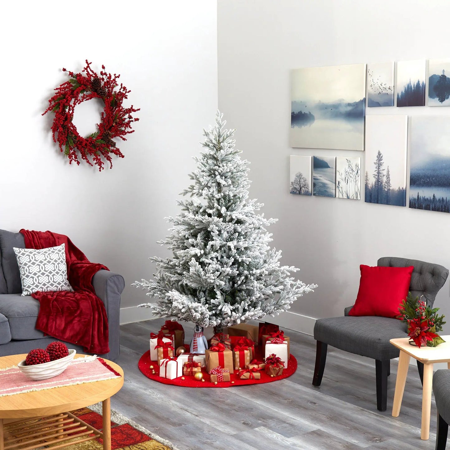 6 ft flocked Fraser Fir artificial Christmas tree in frosted white with red holiday decor in a cozy living room on Tampa Home & Garden Store