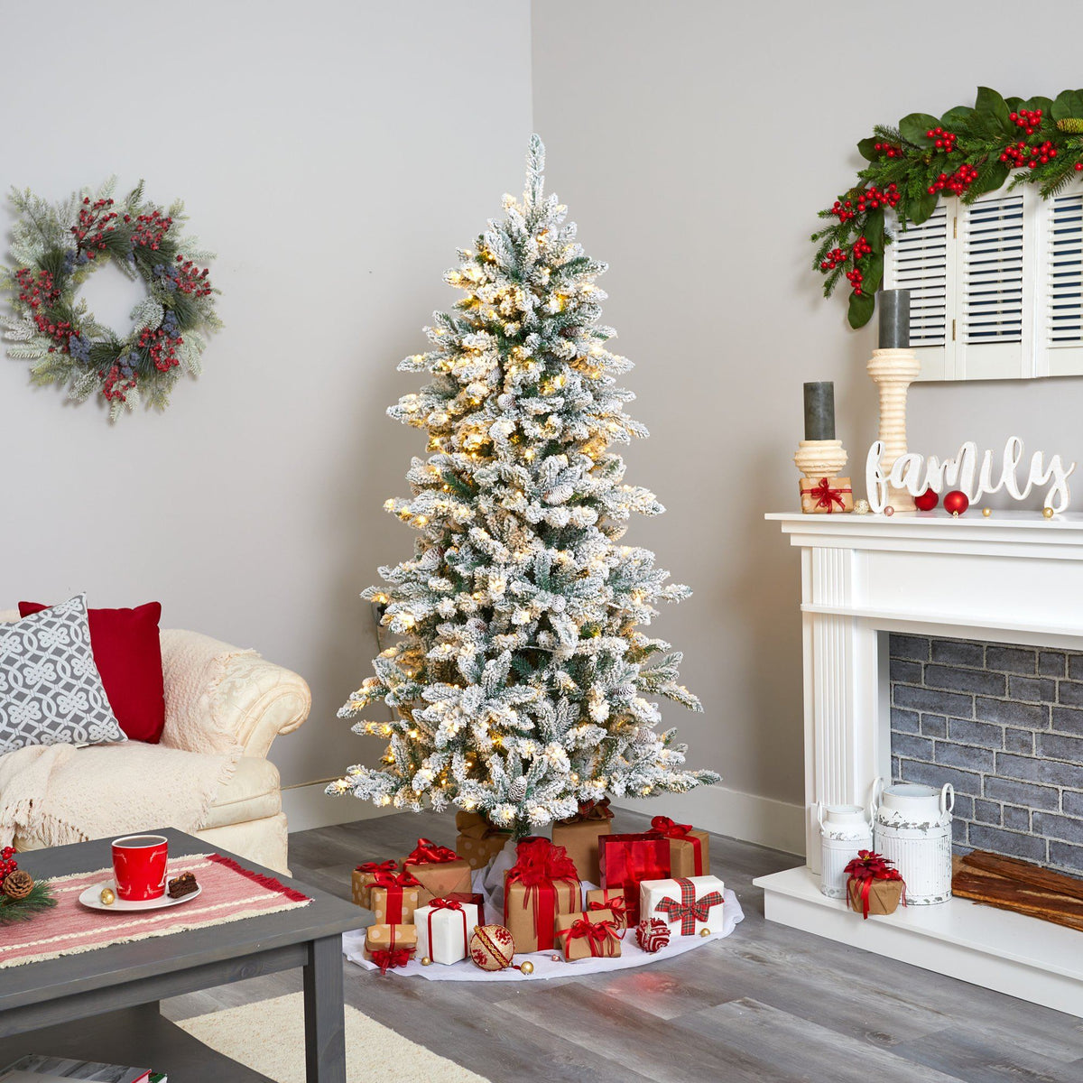 6’ Flocked Livingston Fir artificial Christmas tree with pine cones and 300 warm LED lights on Tampa Home & Garden Store