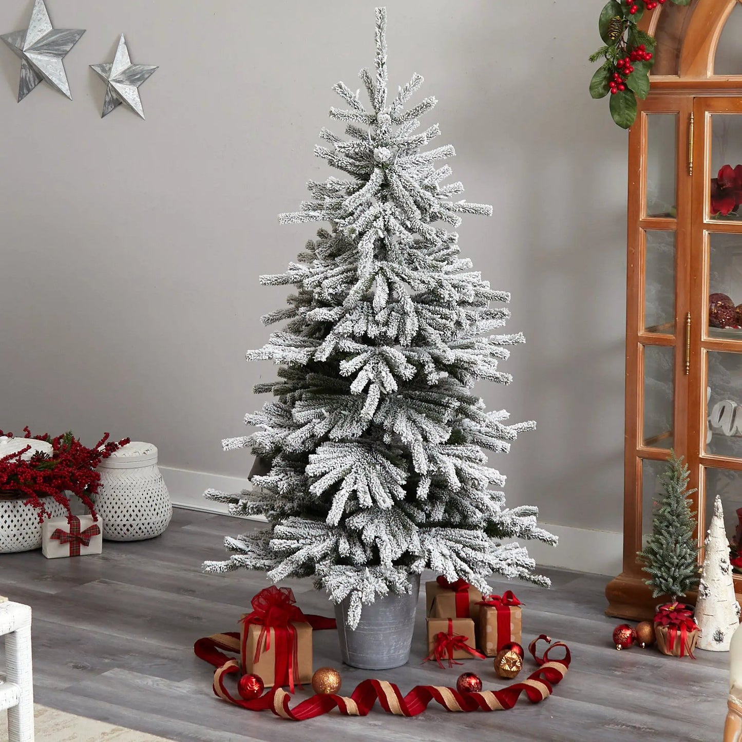 6 ft flocked pine tree with 250 LEDs in a gray metal planter by Nearly Natural on Tampa Home & Garden Store