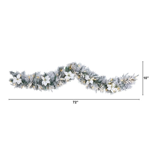6β Flocked Poinsettia and Berry Artificial Christmas Garland with 50 Warm White LED Lights - Tampa Home & Garden Store