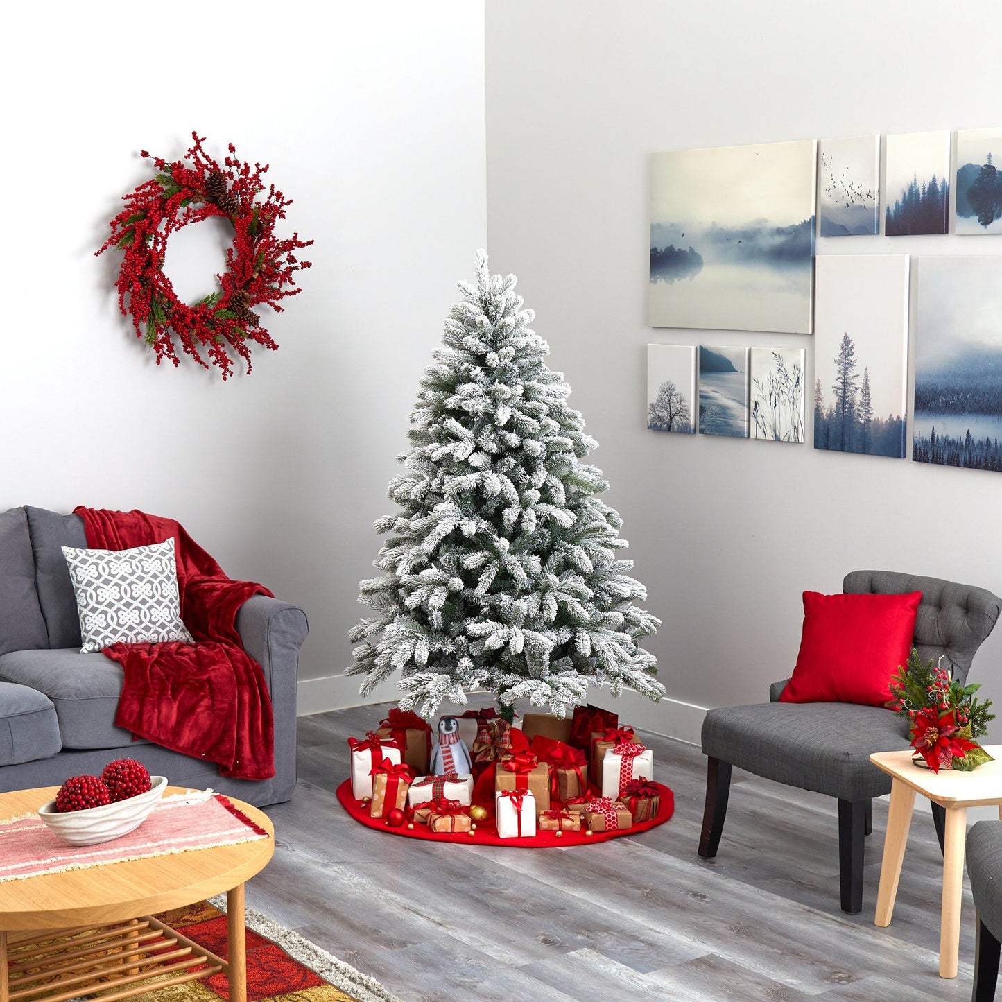 6 ft flocked South Carolina Spruce Christmas Tree in a living room with gifts at its base on Tampa Home & Garden Store