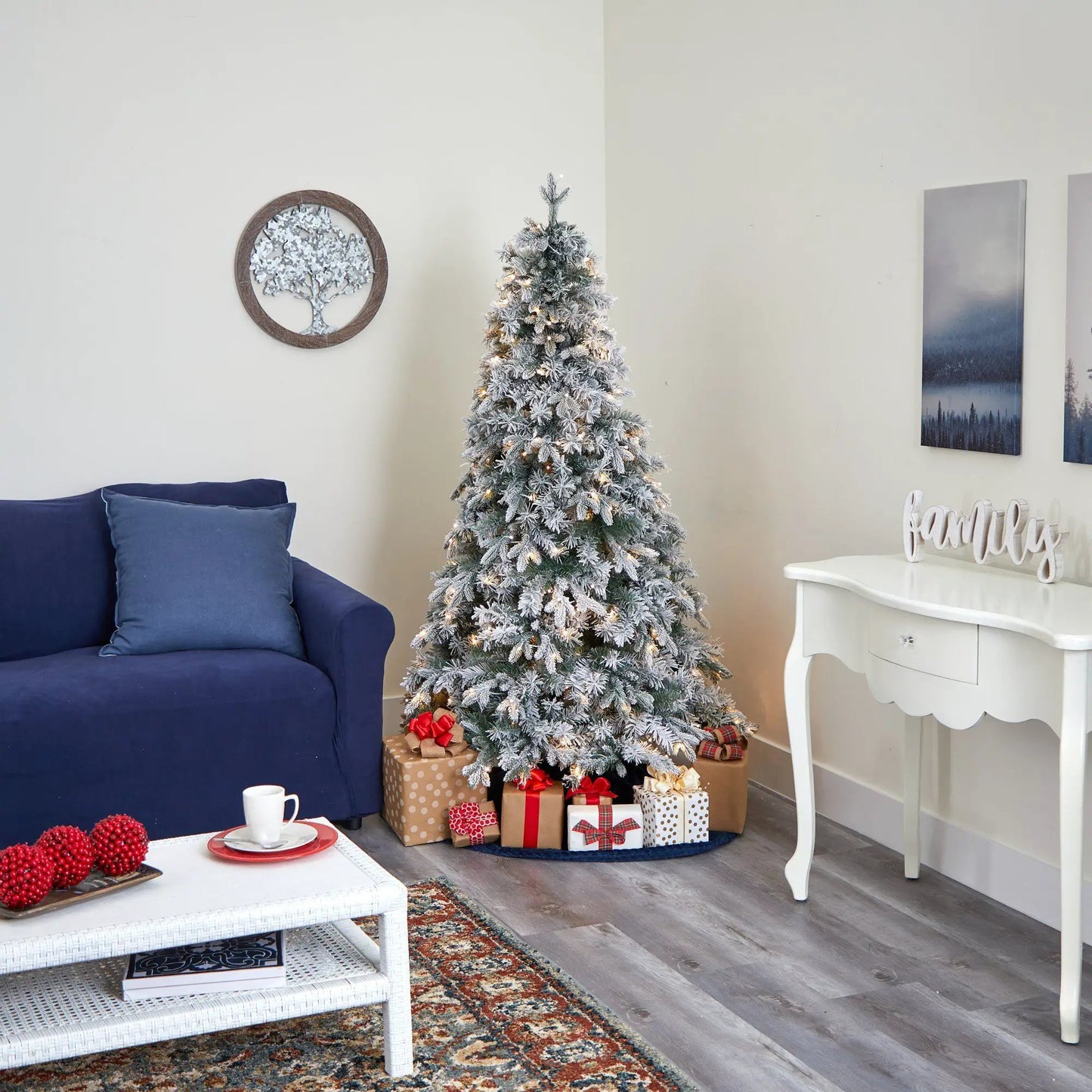 Flocked Vermont Pine Christmas Tree with 300 LEDs, Nearly Natural, frosted branches on Tampa Home & Garden Store