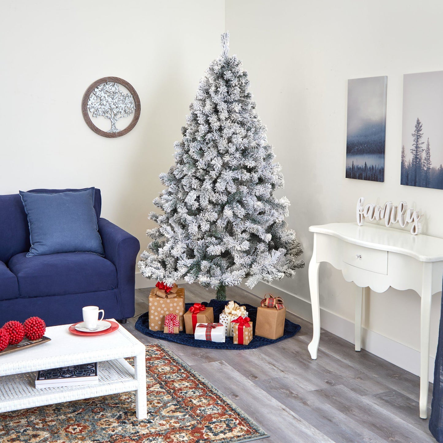 6 ft flocked white river mountain pine artificial Christmas tree with pinecones Nearly Natural on Tampa Home & Garden Store