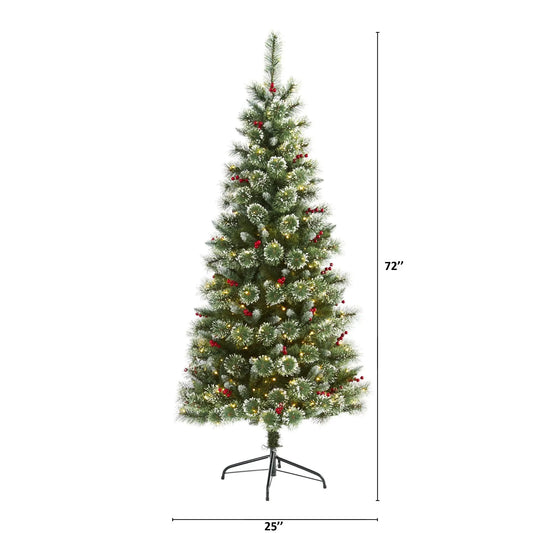 Frosted Swiss Pine Christmas Tree, 6 ft tall, Nearly Natural, 300 clear LED lights and berries on Tampa Home & Garden Store