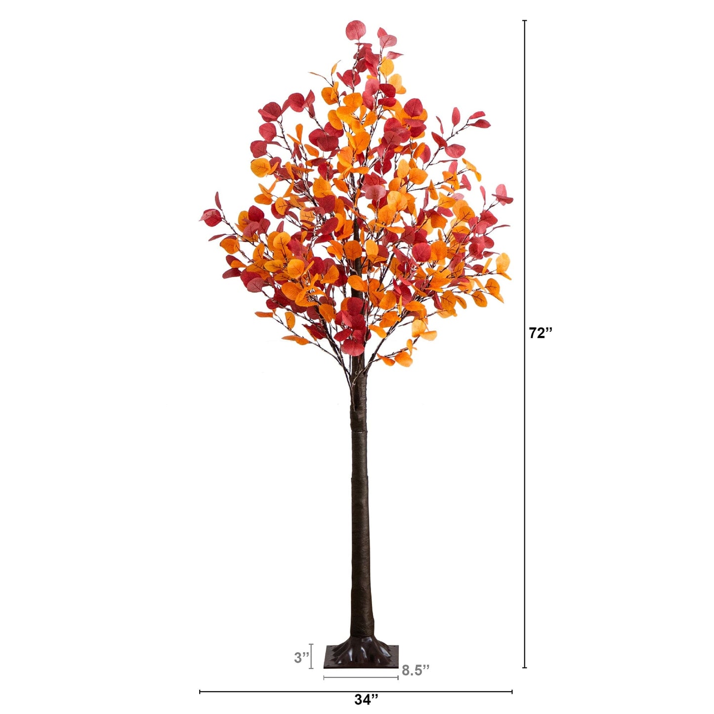 Tree 6' pre-lit autumn eucalyptus artificial tree with 420 warm white LEDs; orange-red leaves on Tampa Home & Garden Store