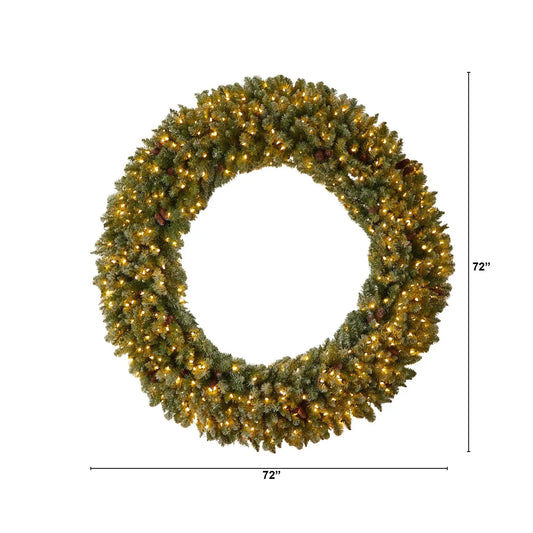 6’ Giant Flocked Christmas Wreath with Pinecones, 400 Clear LED Lights and 920 Bendable Branches - Tampa Home & Garden Store