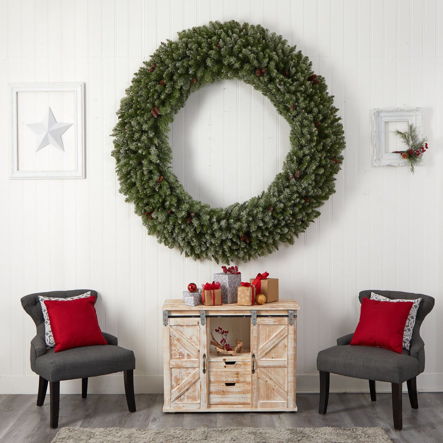 Giant flocked Christmas wreath with pinecones by Nearly Natural on Tampa Home & Garden Store