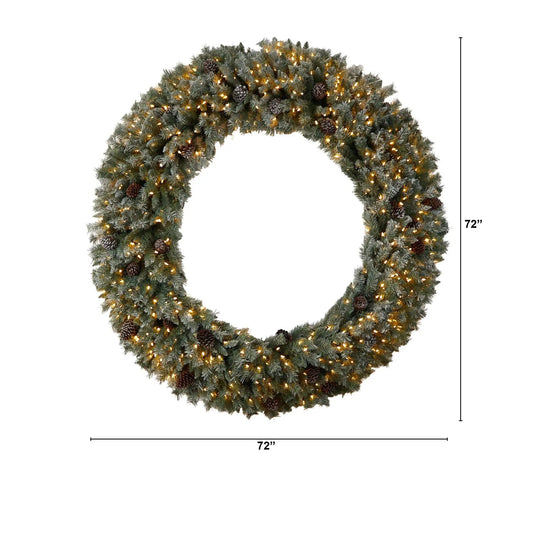 Giant Flocked Christmas Wreath with Pinecones by Nearly Natural warm white LED lights 72 inches on Tampa Home & Garden Store