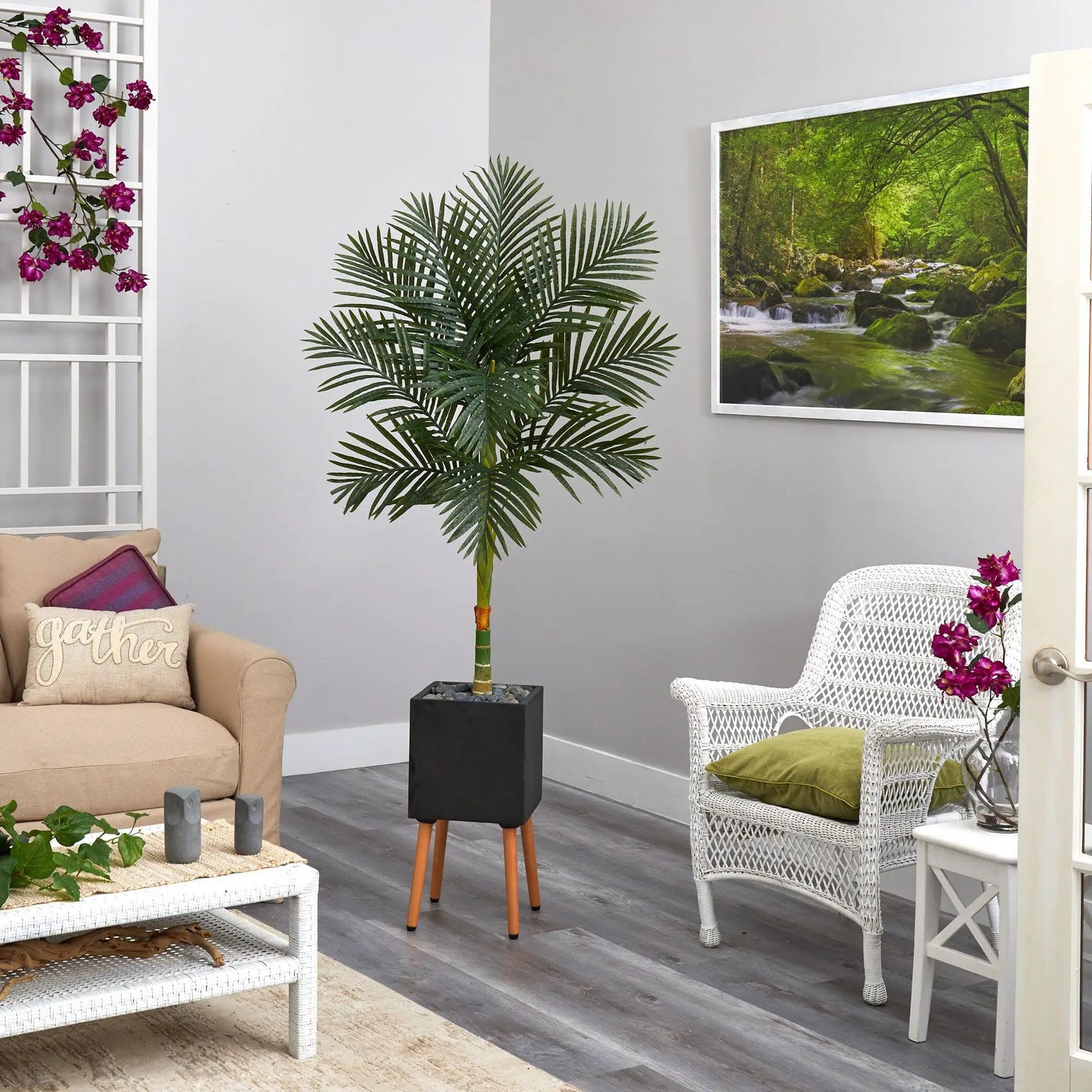 Golden Cane Palm Tree in Black Planter with Stand artificial palm green fronds on Tampa Home & Garden Store
