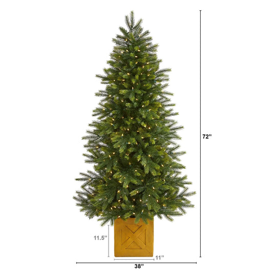 6 ft Manchester Fir Tree in wooden planter with warm LED lights Nearly Natural on Tampa Home & Garden Store