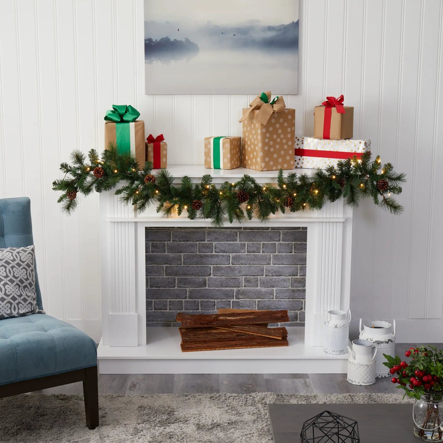 6 Foot Mixed Pine and Pinecone LED Garland by Nearly Natural artificial evergreen with pinecones on Tampa Home & Garden Store