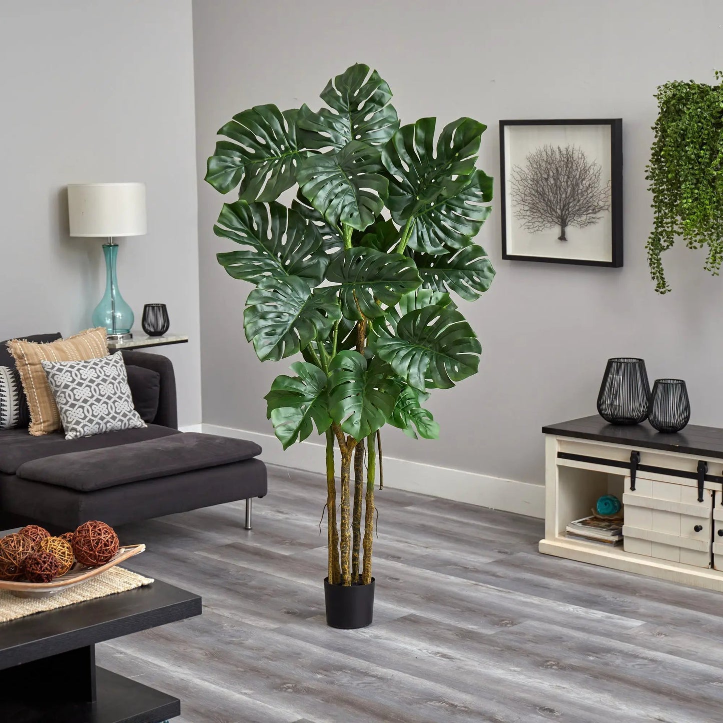 6 ft Monstera Tree Artificial Plant Nearly Natural with glossy split leaves in a black pot on Tampa Home & Garden Store