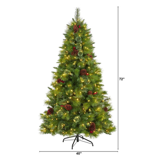 Six Foot Montana Pine Artificial Christmas Tree with pinecones and warm LED lights on metal stand on Tampa Home & Garden Store