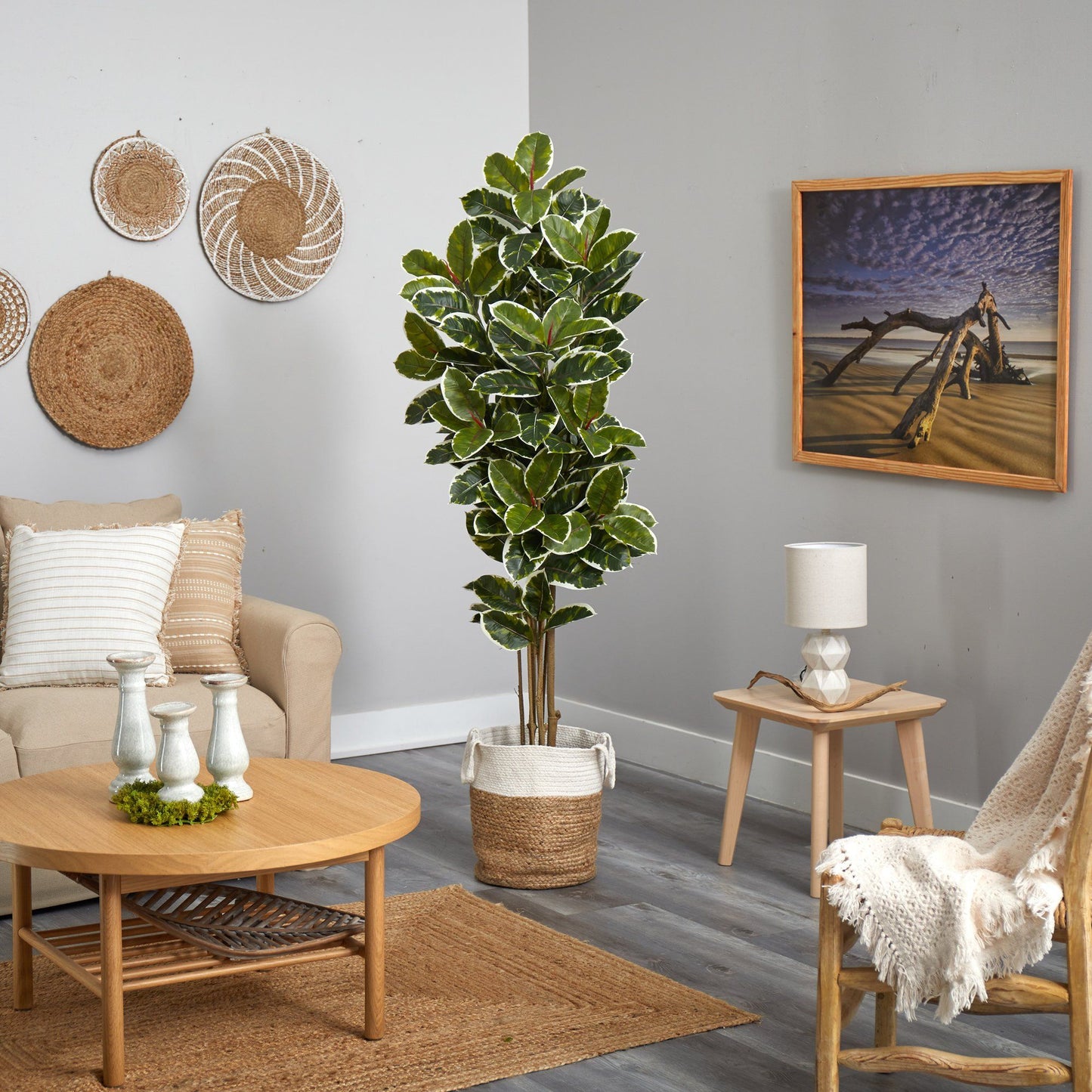 Árbol Artificial de Roble de 1.83 m en Maceta Artesanal de Yute y Algodón Resistente a los Rayos UV (Interior/Exterior)
