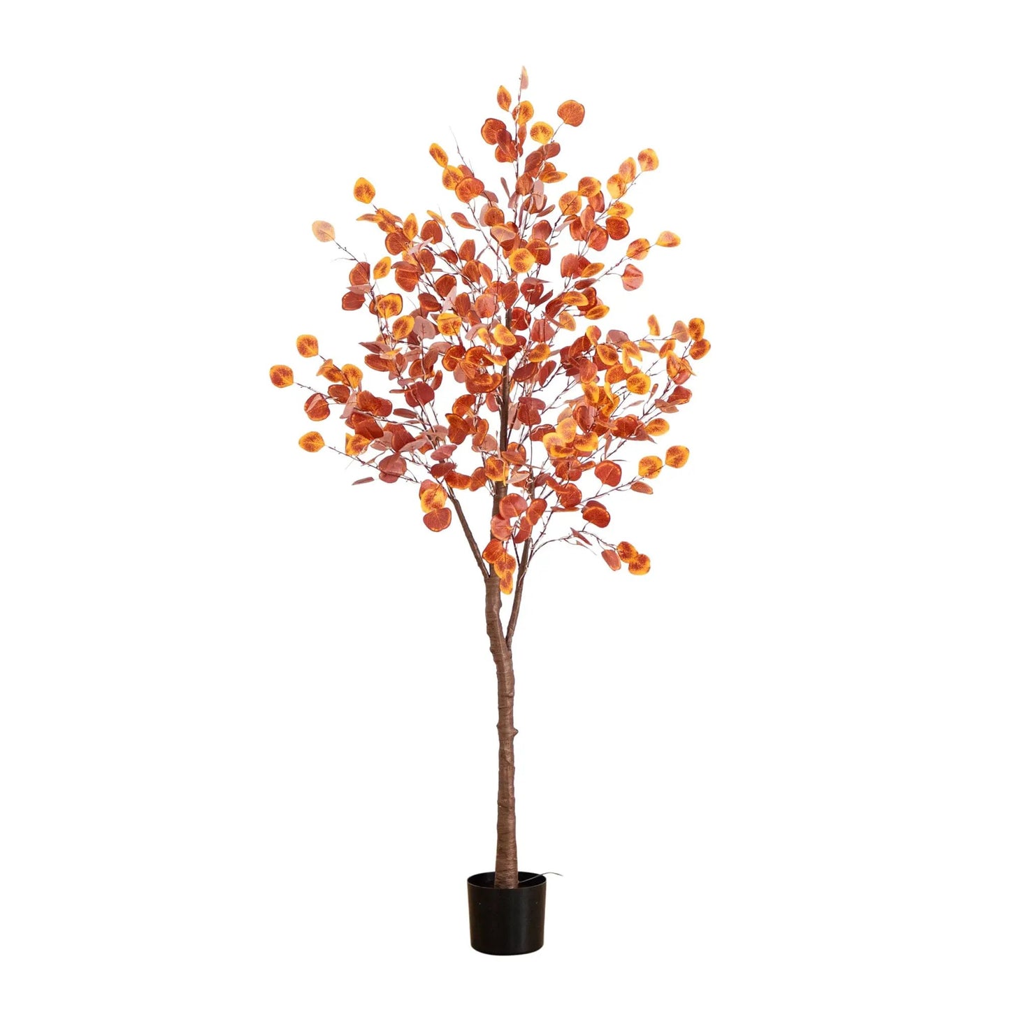 Nearly Natural Autumn Eucalyptus Tree, 6 ft, pre-lit with 300 LEDs, orange foliage in black pot on Tampa Home & Garden Store