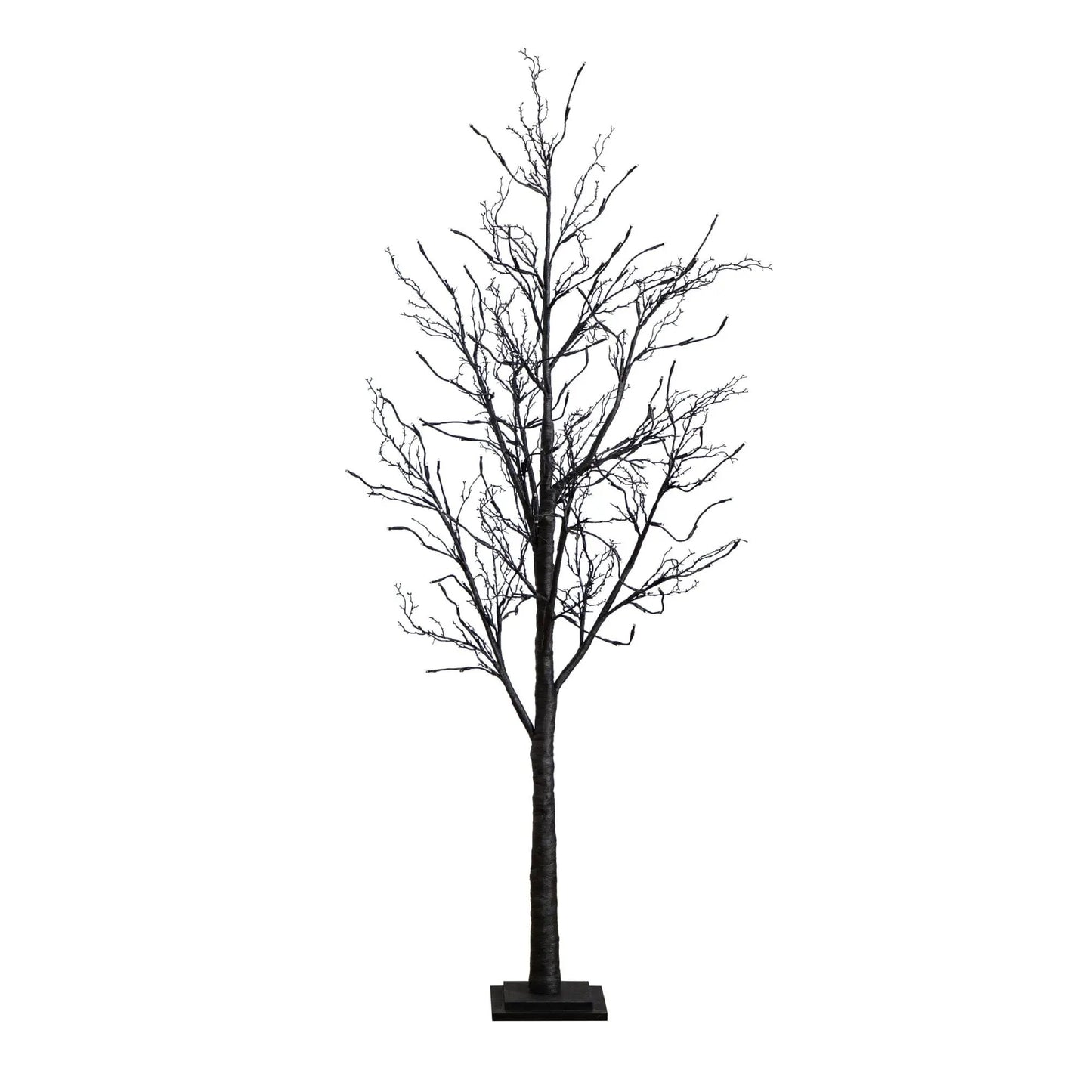 Six ft pre-lit twig tree with orange and purple LEDs, black leafless branches on a base, on Tampa Home & Garden Store
