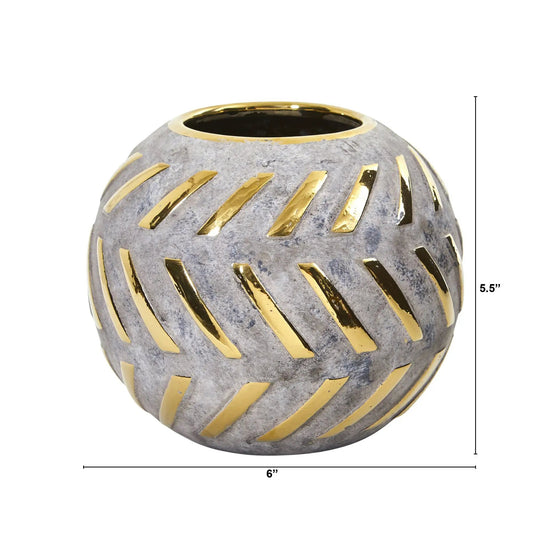 Regal round stone vase gray stoneware with gold diagonal stripes 6in diameter on Tampa Home & Garden Store