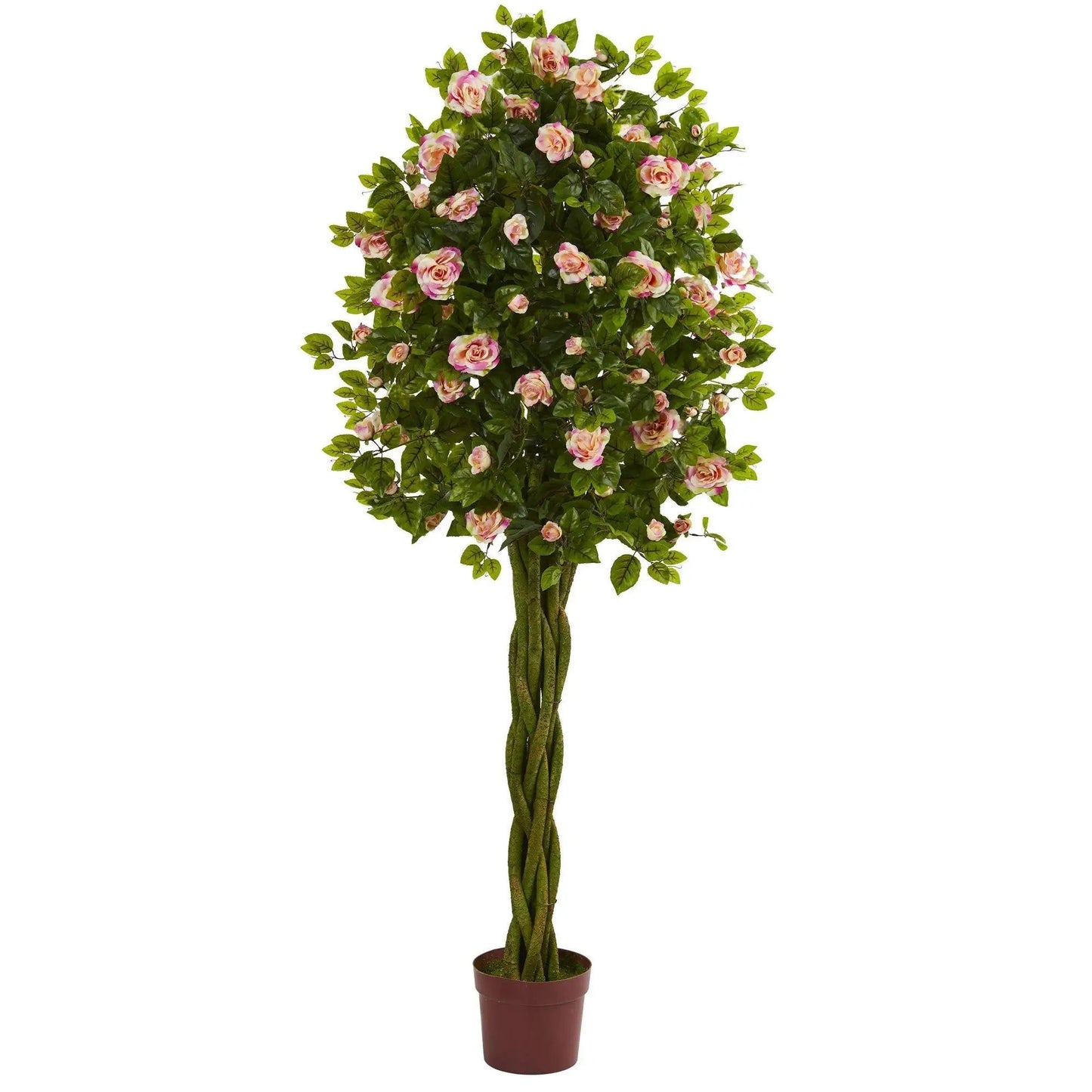 Rose Artificial Tree with Woven Trunk by Nearly Natural, pink roses and green leaves in a pot on Tampa Home & Garden Store