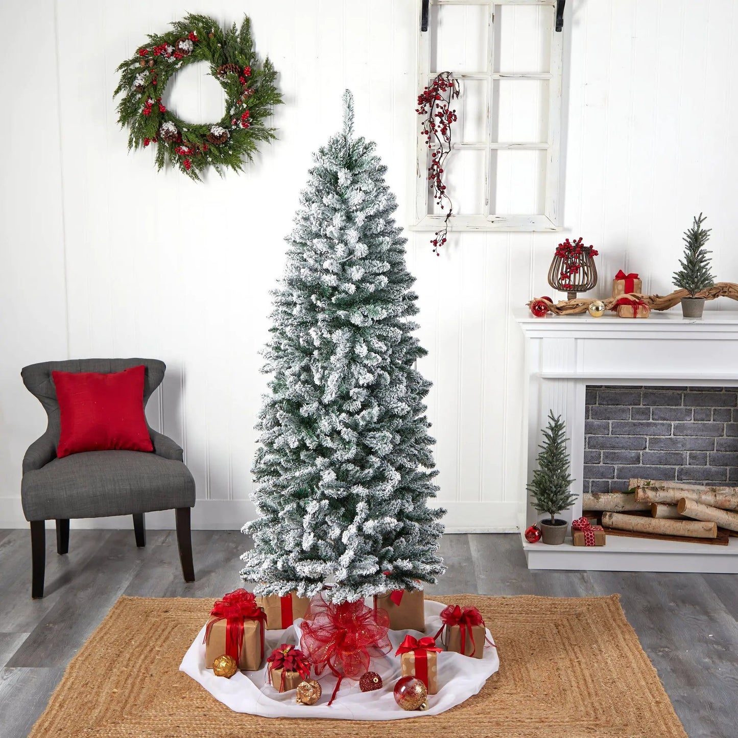 Nearly Natural 6 ft slim flocked Montreal fir Christmas tree with 250 white LED lights on Tampa Home & Garden Store