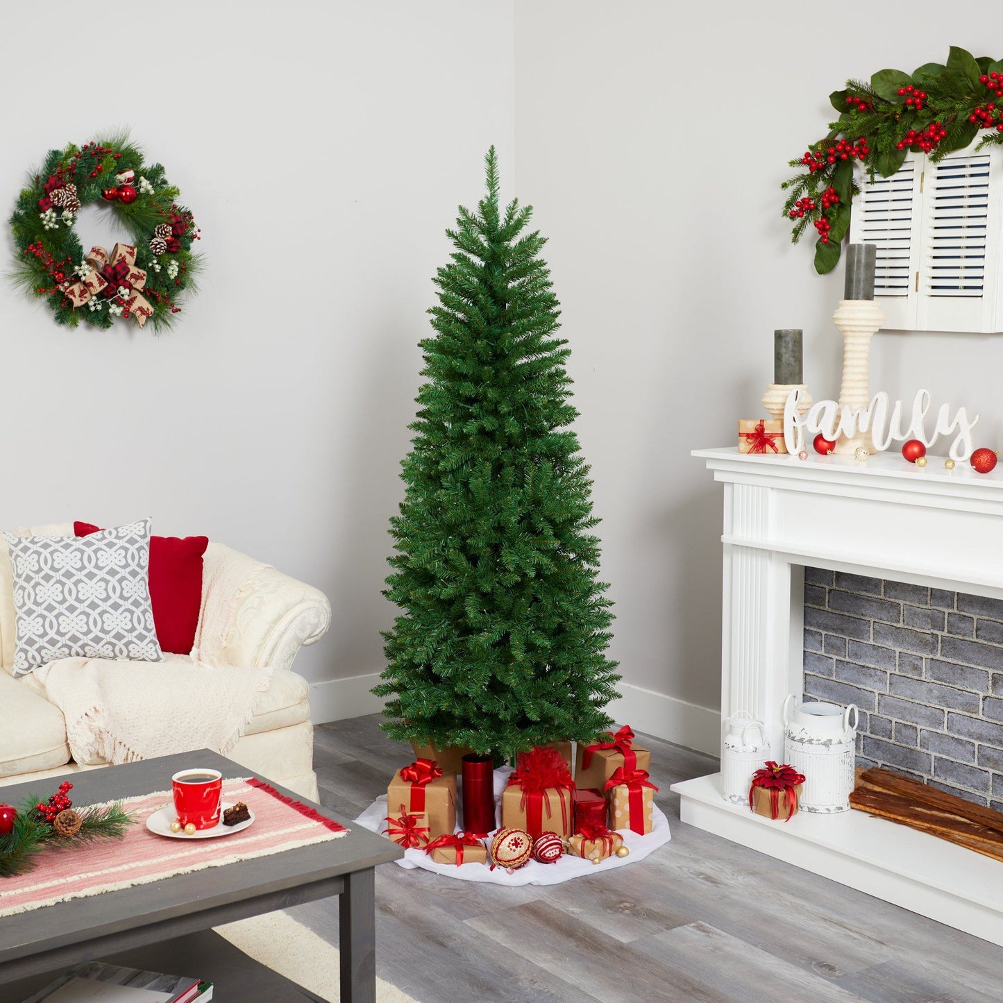 Slim Green Mountain Pine Tree by Nearly Natural, artificial Christmas tree with 250 LED lights on Tampa Home & Garden Store
