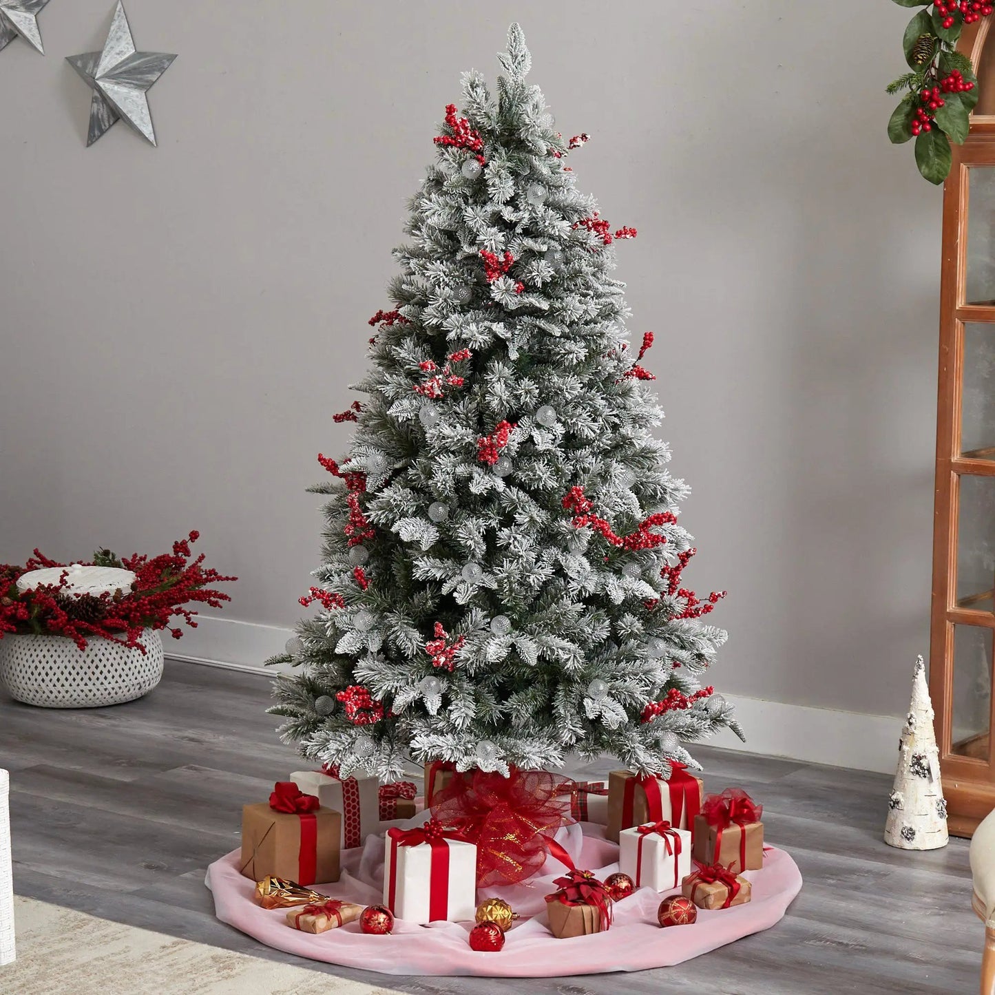 Nearly Natural 6 ft snow-tipped fir prelit tree with 200 LED lights, red berries on Tampa Home & Garden Store