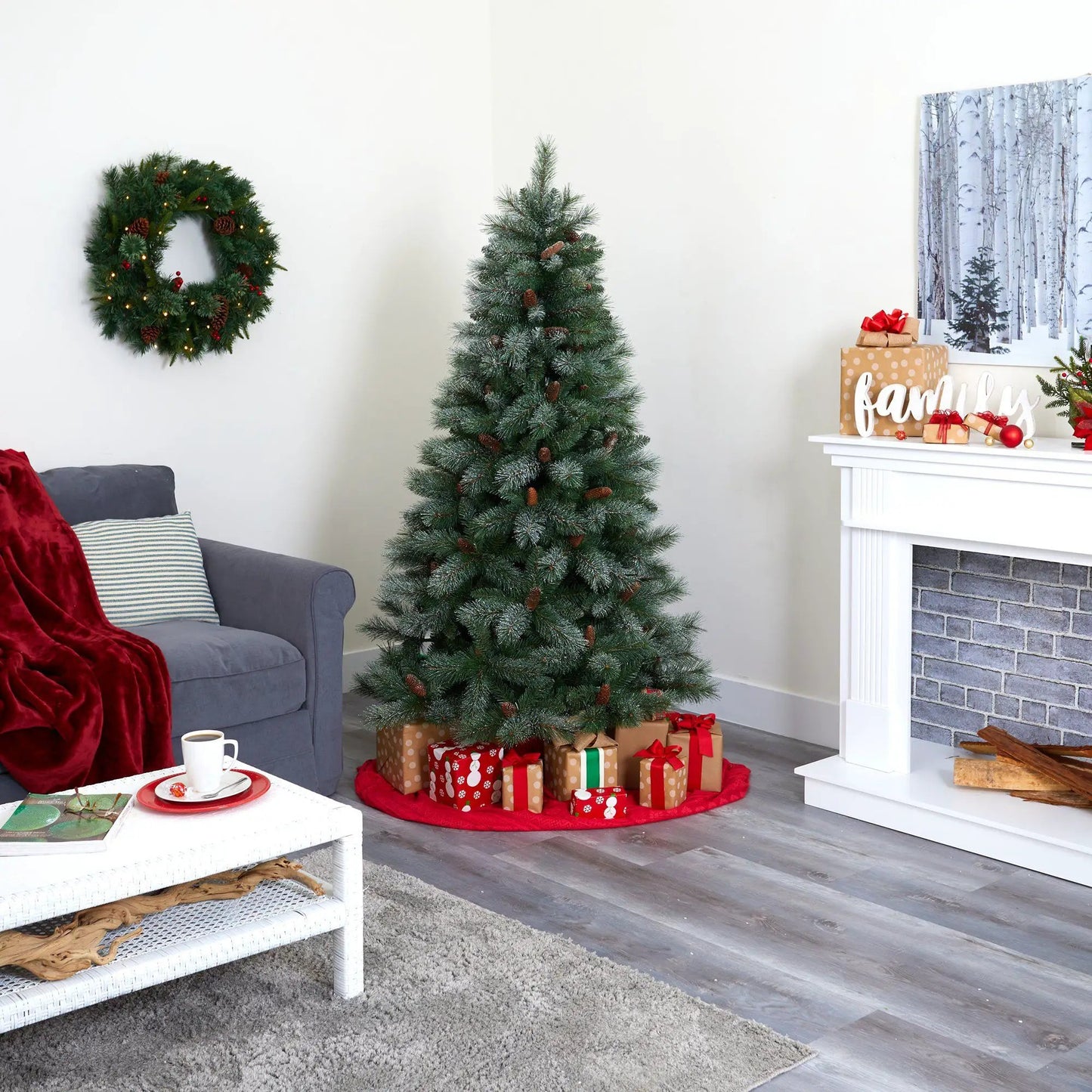 Snowed French Alps Pine Christmas Tree Nearly Natural, 6 ft tall with pinecones on Tampa Home & Garden Store