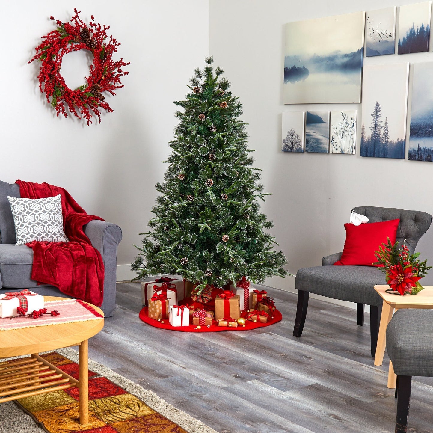 Christmas Tree Nearly Natural 6’ Snowed Clermont Pine artificial with 250 LEDs and pine cones on Tampa Home & Garden Store