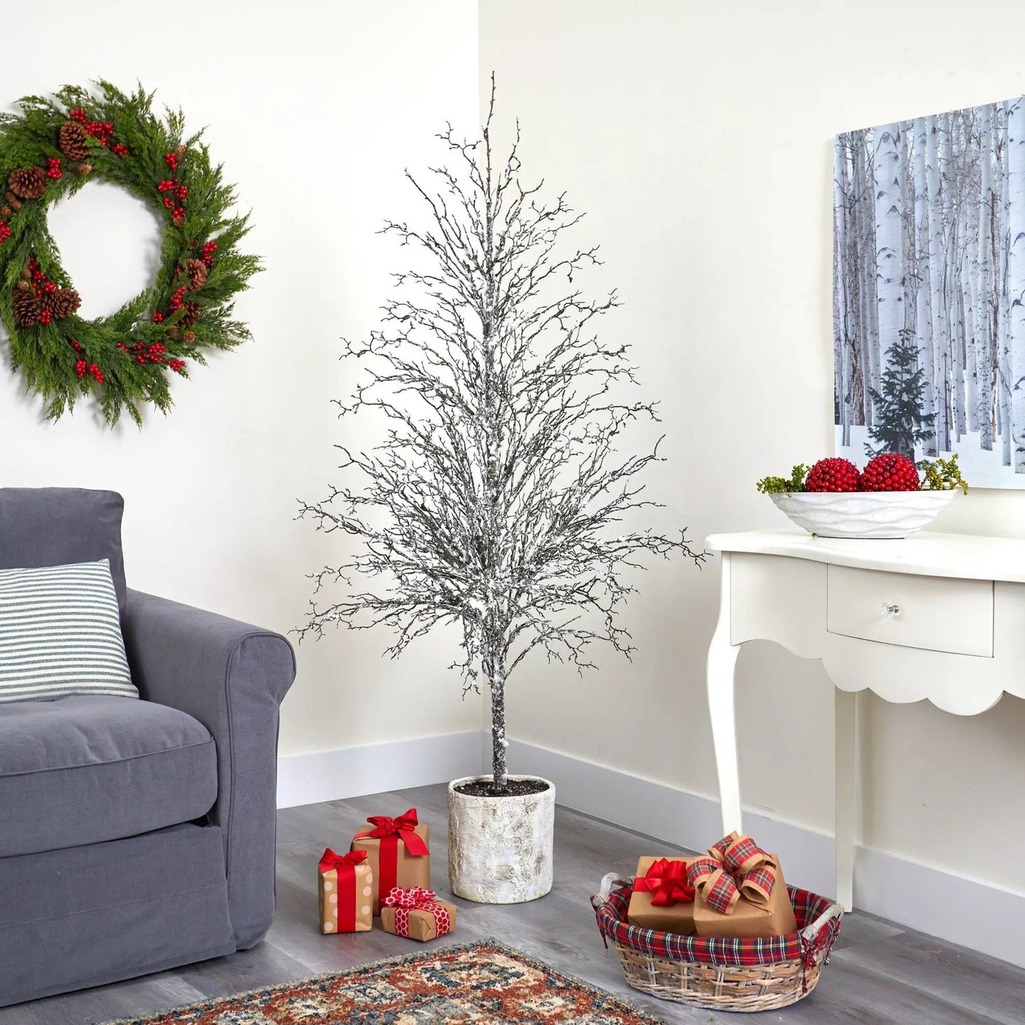 6 ft Snowed Twig Christmas Tree in Planter by Nearly Natural with frosted branches on Tampa Home & Garden Store