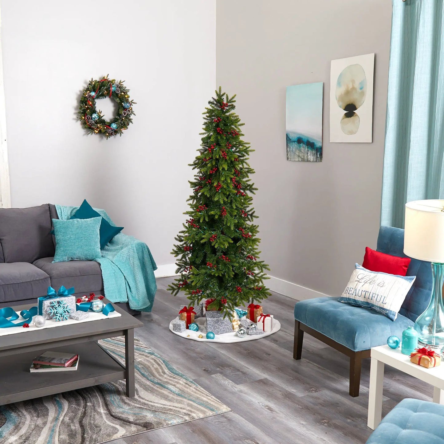 Victoria Fir 6 ft Christmas Tree with multicolor lights and red berries on Tampa Home & Garden Store