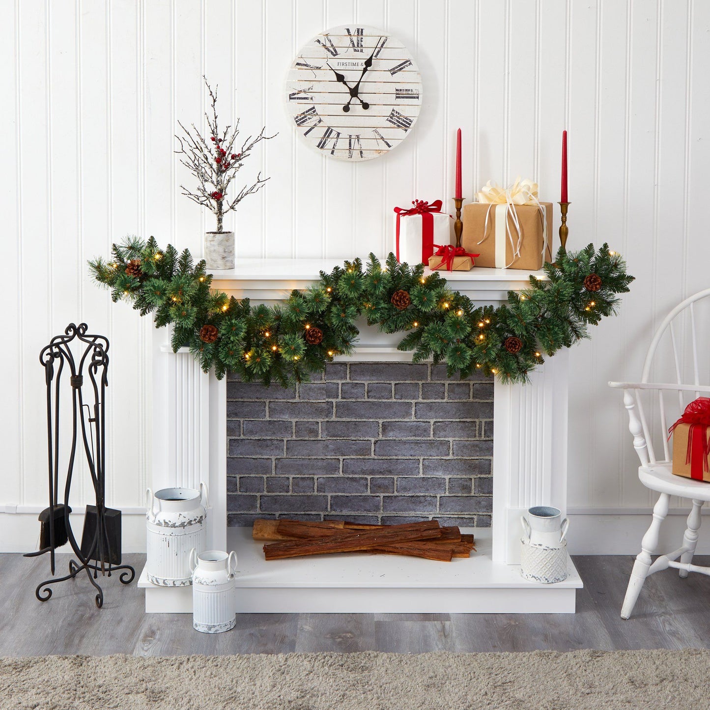 6 ft White Mountain Pine Garland with 35 Lights, pinecone accents along a festive mantle on Tampa Home & Garden Store