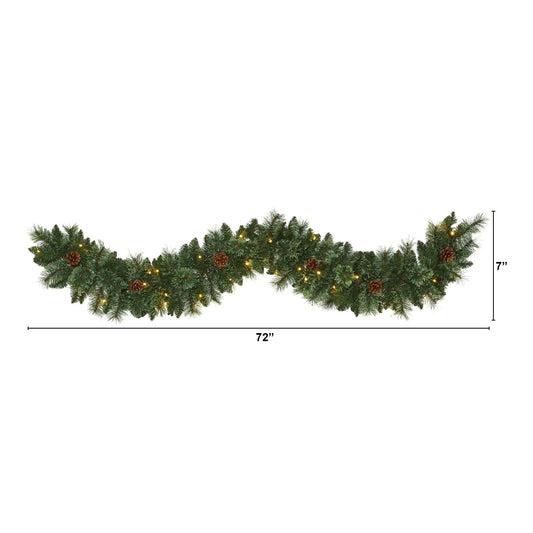 6’ White Mountain Pine Artificial Garland with 35 White Warm LED Lights and Pinecones - Tampa Home & Garden Store
