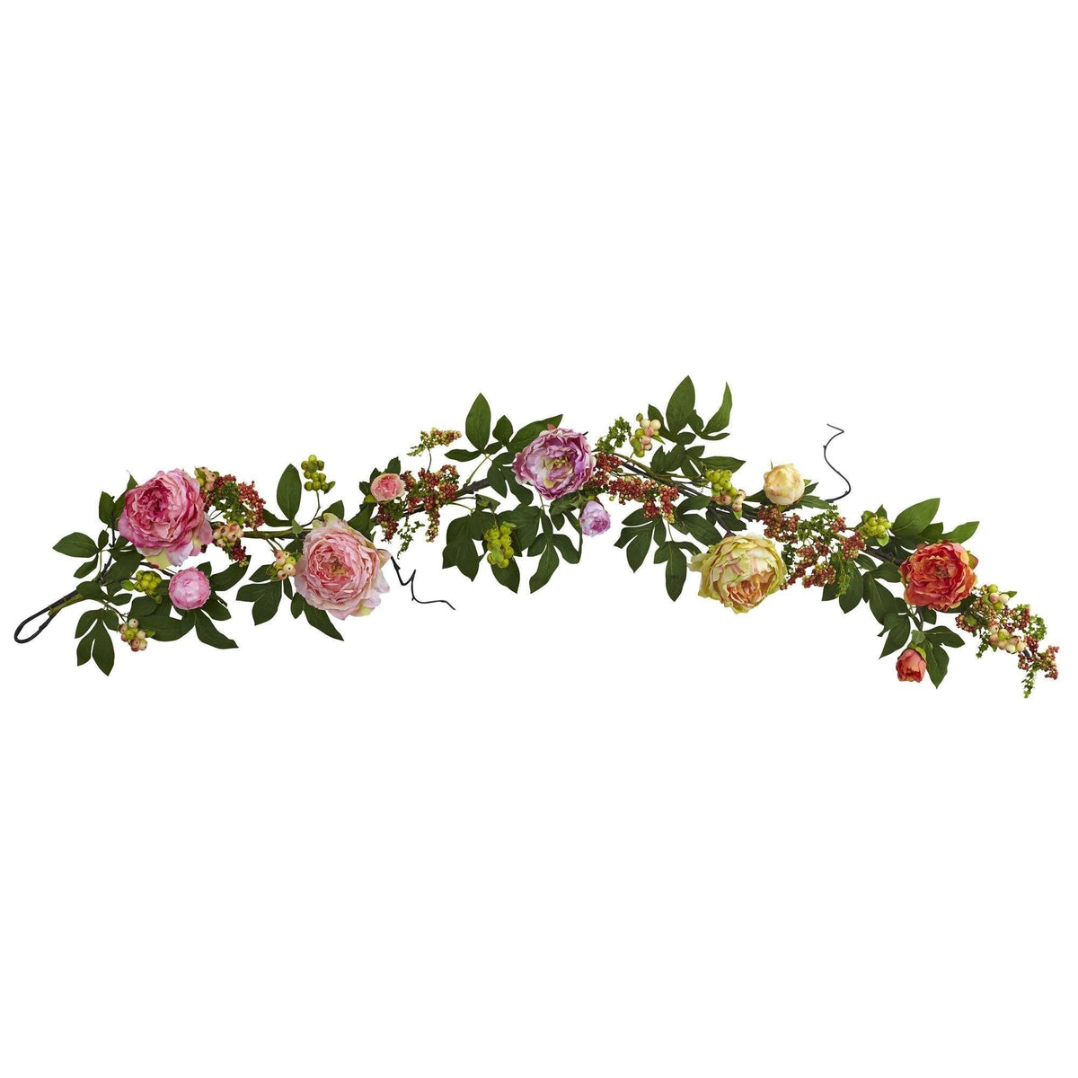 60'' Mixed Peony & Berry Garland by Nearly Natural with pink peonies, berries, and greenery on Tampa Home & Garden Store