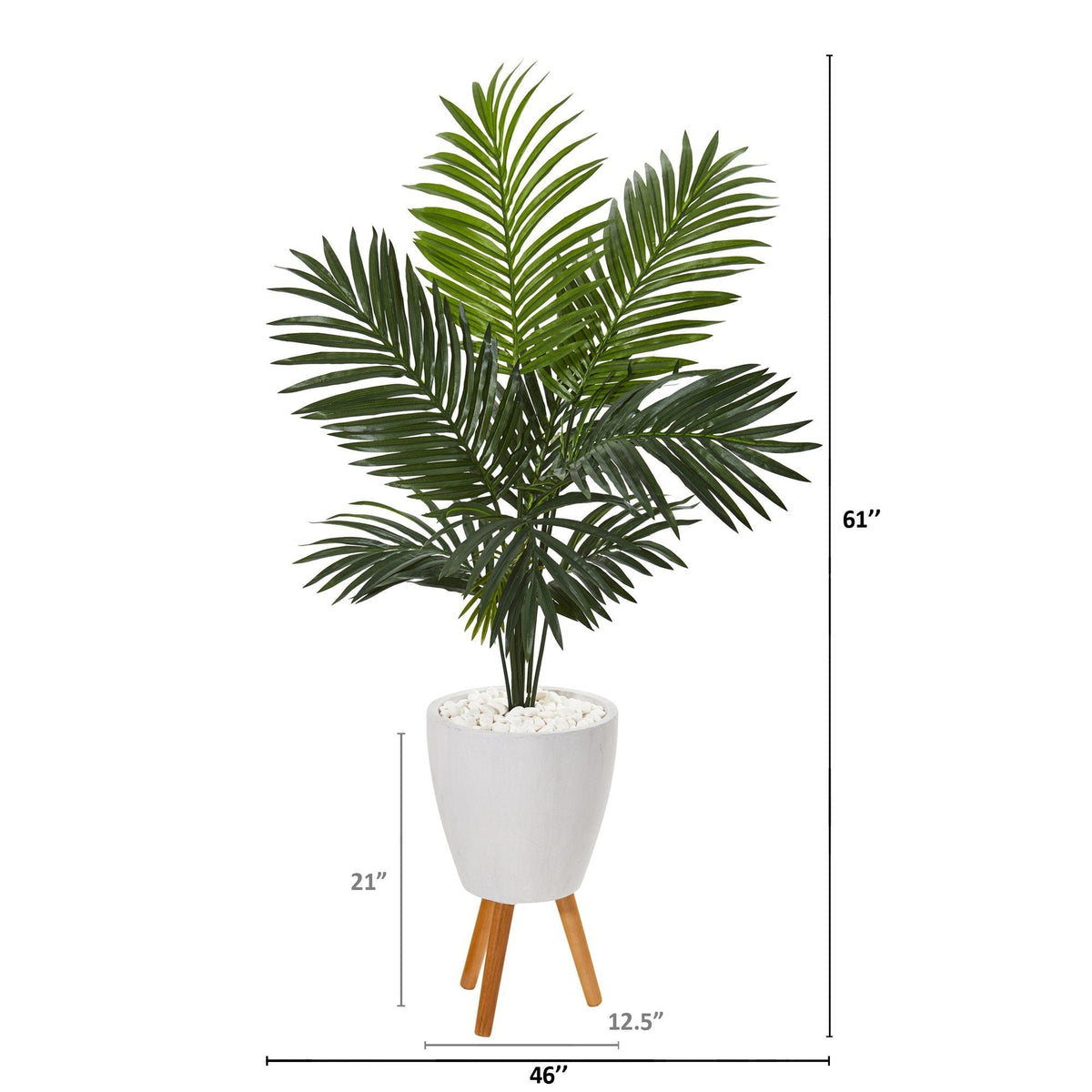 61in Paradise Palm artificial tree in white planter with wood tripod stand and white pebbles on Tampa Home & Garden Store