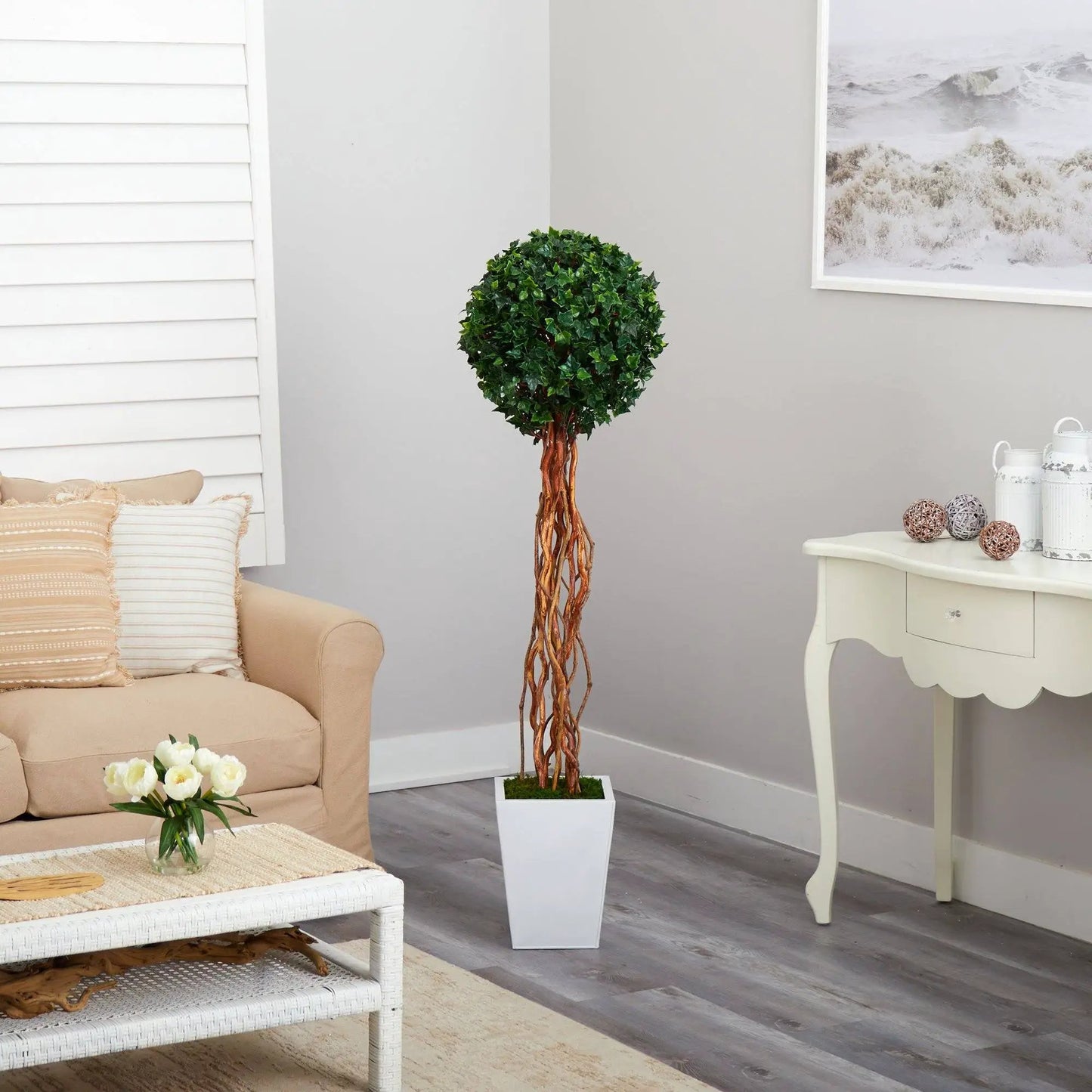 62 Inch English Ivy topiary tree in white square planter with braided trunk for indoor use on Tampa Home & Garden Store