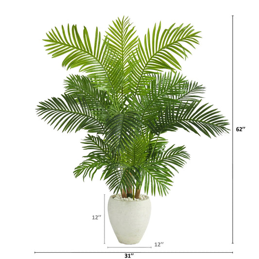 Hawaii Palm Artificial Tree in White Planter, 62in tall with green fronds by Nearly Natural on Tampa Home & Garden Store