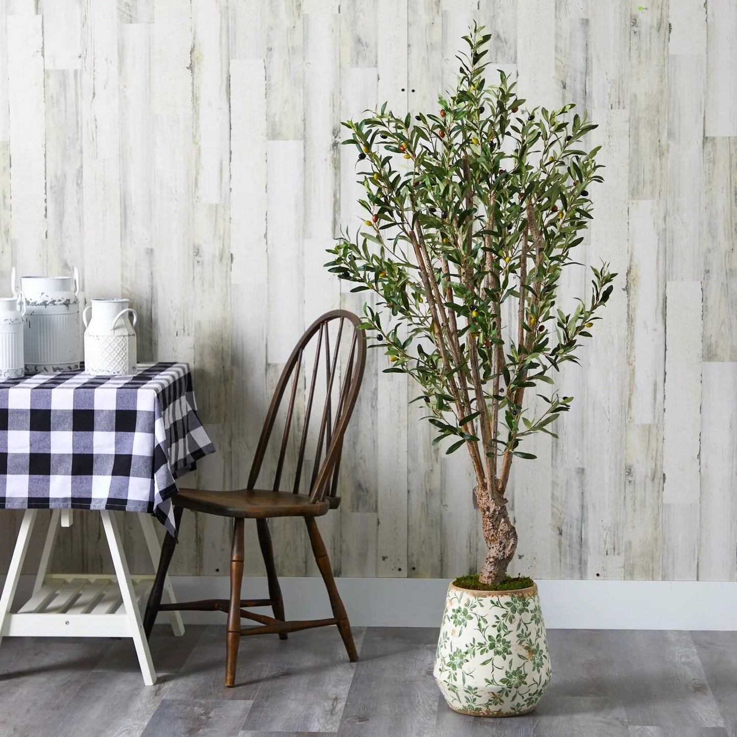 Olive artificial tree by Nearly Natural in a floral print planter for indoor decor on Tampa Home & Garden Store