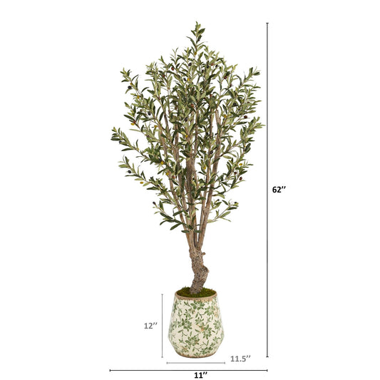62” Olive Artificial Tree in Floral Print Planter - Tampa Home & Garden Store