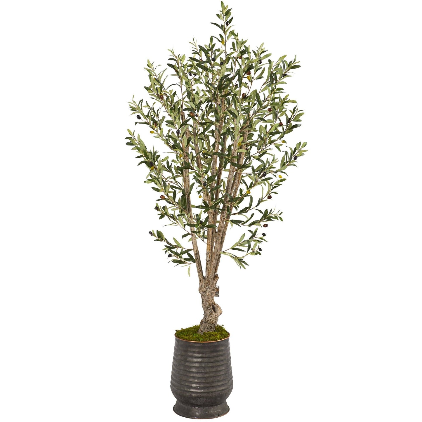 Olive Artificial Tree by Nearly Natural in ribbed metal planter, green foliage, 62in on Tampa Home & Garden Store