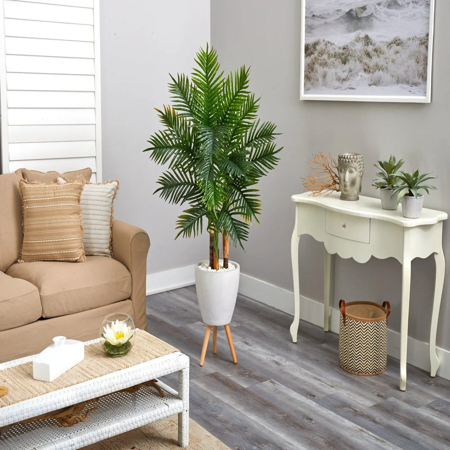 63-inch Areca Palm artificial tree in white planter stand by Nearly Natural on Tampa Home & Garden Store