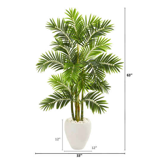 63 Inch Areca Palm Artificial Tree in White Planter with pebble base by Nearly Natural on Tampa Home & Garden Store